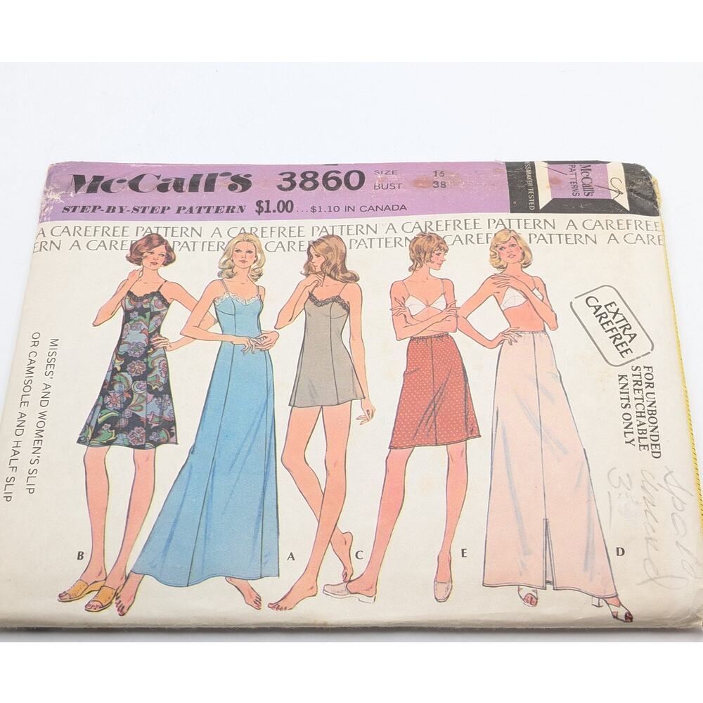 MCCALLS 3860 Sewing Pattern Women's Size 15 Bust 38 Slip Camisole 1973 FF Vint